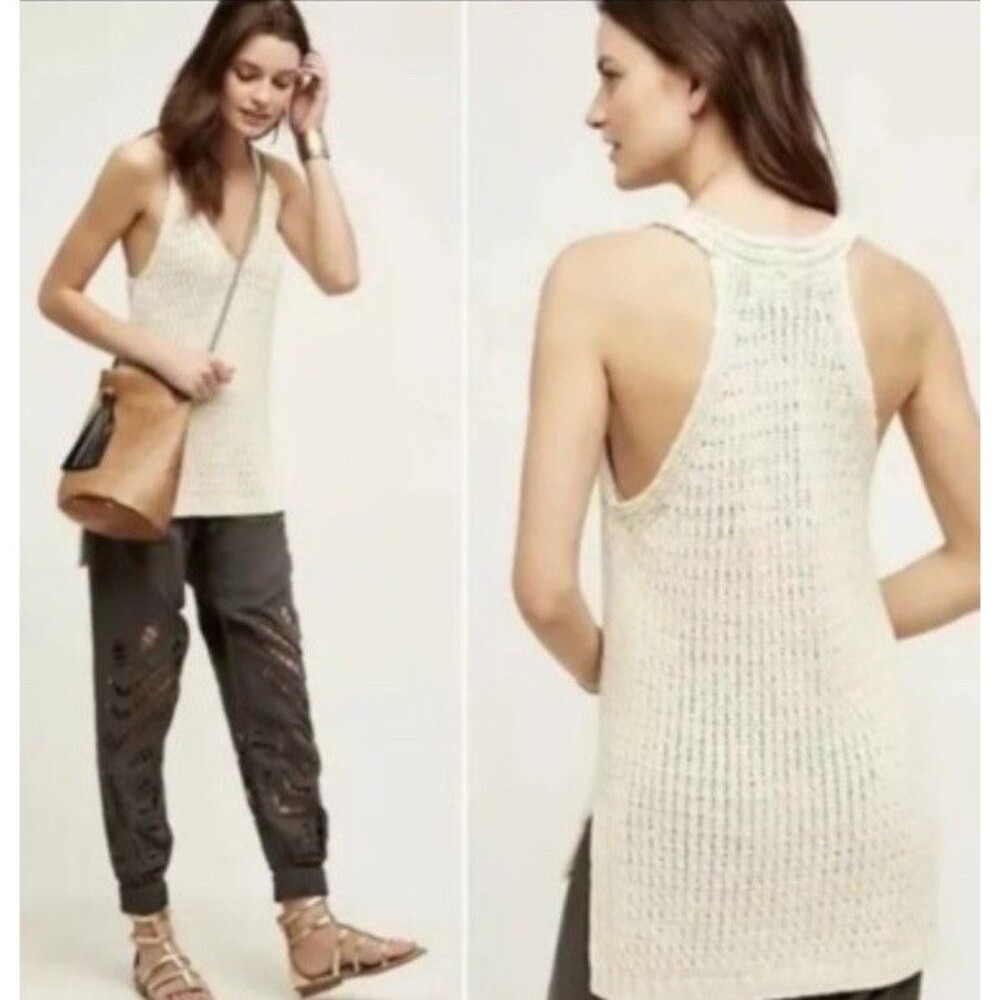 Anthropologie Moth Sweater Tank Women S Cream High Neck Racerback High-Low ** - Picture 2 of 15